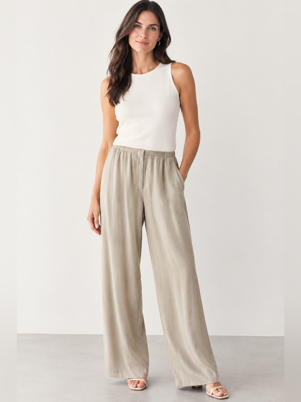 Eileen Fisher Women's 1X Beige/Taupe 100% Silk Wide-Leg Elastic Waist Pants